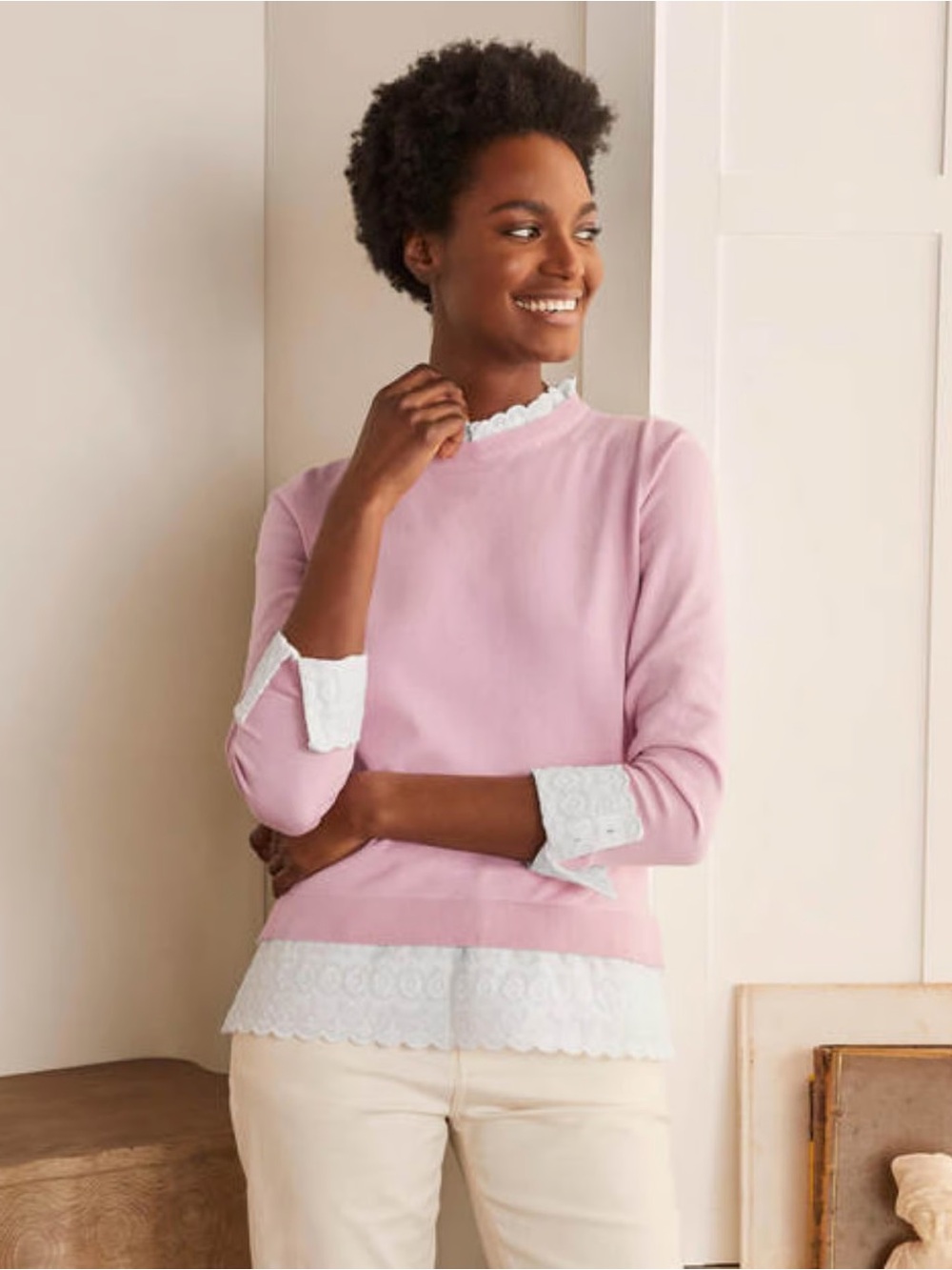 Boden Pink Lauderdale Frill Embroidered Sweater Cottage-core Preppy Size 6